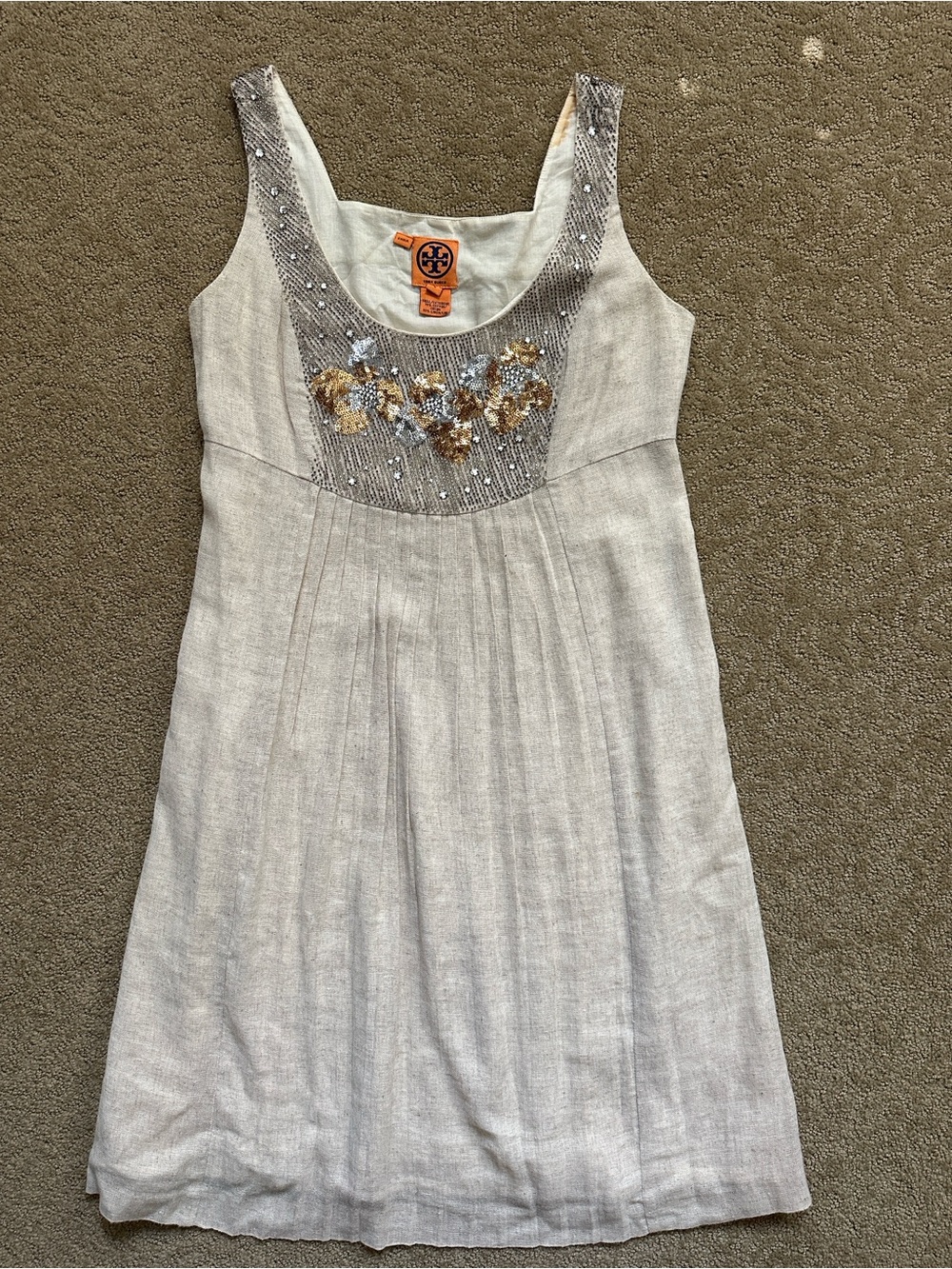 Tory Burch Cream Sleeveless Embellished Linen-Blend Dress with Gold Accents